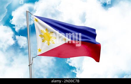 Die philippinische Flagge winkt auf dem Hintergrund des Himmels. 3D-Rendering Stockfoto
