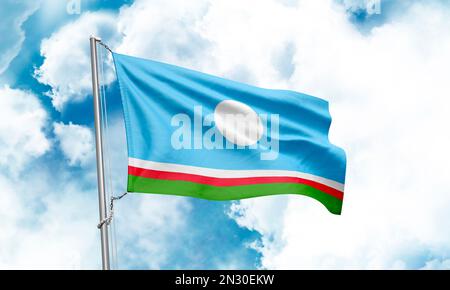 Die Flagge der Sakha-Republik winkt am Himmel. 3D-Rendering Stockfoto