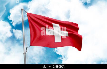 Schweizer Flagge im Himmelshintergrund. 3D-Rendering Stockfoto