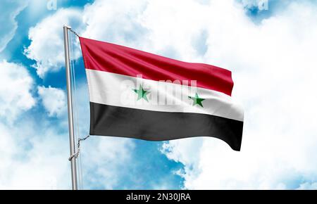 Syrische Flagge im Himmelshintergrund. 3D-Rendering Stockfoto