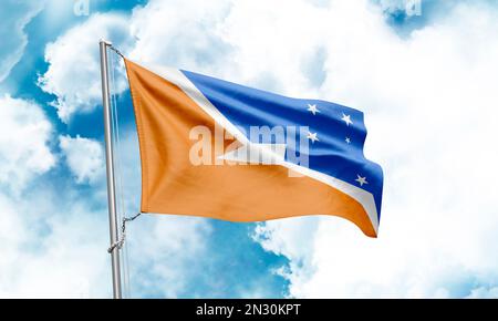 Die argentinische Flagge der Provinz Tierra del Fuego winkt im Hintergrund des Himmels. 3D-Rendering Stockfoto