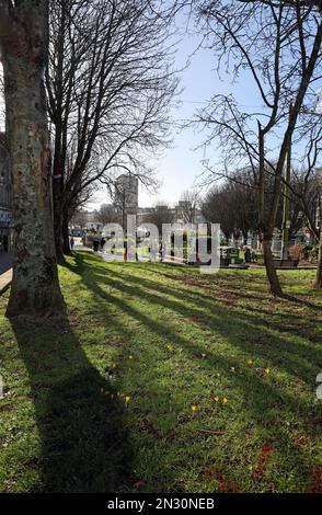 Plymouth's Armada Way führt durch die Haupteinkaufsstraße mit Geschäften und Straßencafés. Bäume bringen Farbe in die breite Fußgängerzone Stockfoto