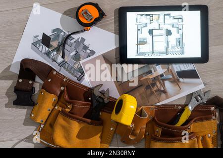 Business, Architektur, Gebäude, Bau, Zeichnungen, Tablet, Werkzeuge Stockfoto