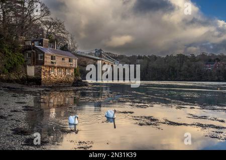 Die Menai-Straße und die Telford-Brücke von der belgischen Promenade im Winter, Anglesey, Nordwales Stockfoto