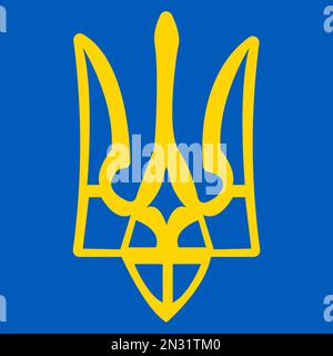 Ukrainisches Dreizack-Länderlogo, Trizzub auf blauem Hintergrund, Regierungssymbol der Ukraine. Vektordarstellung Stock Vektor