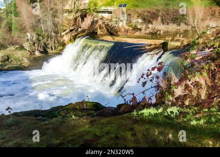 Blick auf den Brewery Park mit einem der Wasserfälle der Tumwater Falls. Stockfoto