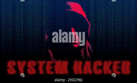 Ein Mann mit Kapuze, sein Gesicht im Schatten auf dunklem Hintergrund, mit binärem Code und vom System gehackter SMS-Benachrichtigung. Cyberkriminelle, Konzept der Sicherheitsverletzung. Schr Stockfoto