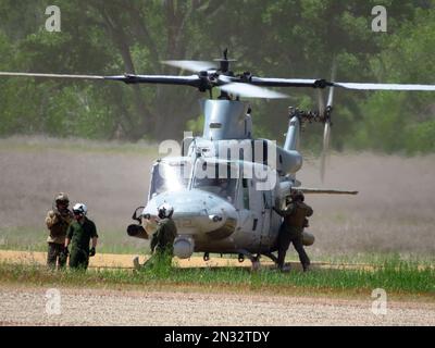 13. Marine Expeditionary Unit Helikopter in einer militärischen Trainingsübung auf einer Dirt-Landebahn, Fort Hunter Liggett, Kalifornien. Stockfoto