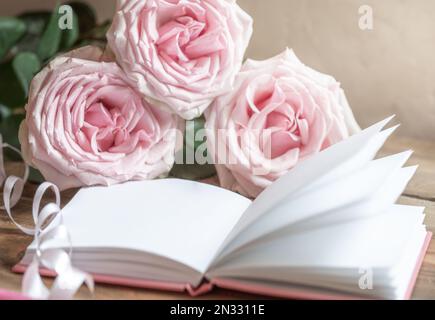 Öffnen Sie den weißen leeren Notizblock und die pinkfarbenen Rosen. Bild mit Weichzeichner. Valentinstag, Muttertag, Hochzeitskarte. Urlaubshintergrund. Romantik Stockfoto