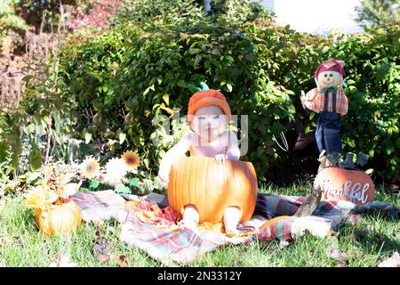 Baby in einem Kürbis. Das Erste Halloween. Baby's erste Halloween-Feier Stockfoto