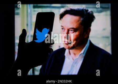 Vilnius, Litauen - 2023. Februar 6: Elon Musk twitter-Konto auf dem Mobiltelefonbildschirm. Twitter-Logo im Hintergrund Stockfoto