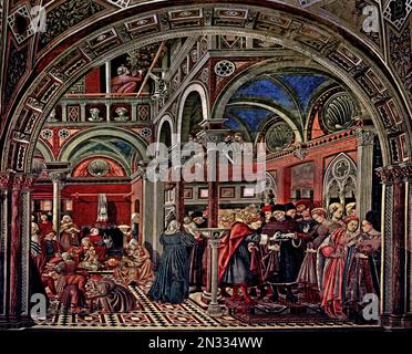 Aufzucht und Heirat weiblicher Gründerinnen 1442 Fresco 450 cm von DOMENICO DI BARTOLO 1400 Asciano - 1447 Siena, Pellegrinaio, Spedale di Santa Maria della Scala, Museum der Schönen Künste Siena, Italien, Italienisch, Stockfoto