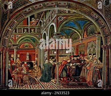 Aufzucht und Heirat weiblicher Gründerinnen 1442 Fresco 450 cm von DOMENICO DI BARTOLO 1400 Asciano - 1447 Siena, Pellegrinaio, Spedale di Santa Maria della Scala, Museum der Schönen Künste Siena, Italien, Italienisch, Stockfoto