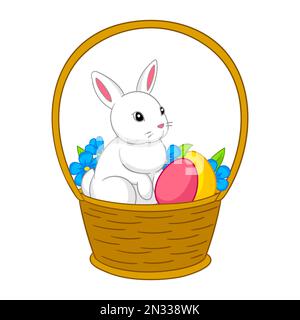 Frohe Osterzeichnung. Süßes Häschen, Eier und Blumen für traditionelle Feiern. Stock Vektor