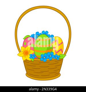 Frohe Osterzeichnung. Süßer Eimer mit Eiern und Blumen für traditionelle Feiern. Stock Vektor