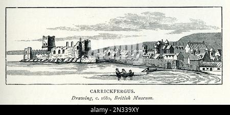 Vintage-Illustration Blick auf Carrickfergus, Castle, County Antrim, Nordirland, aus dem 17. Jahrhundert Zeichnung, irische Geschichte, 1685 Stockfoto