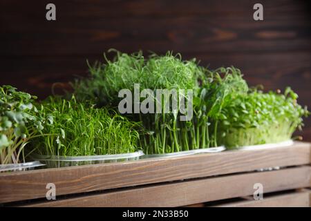 Frische verschiedene organische Mikrogrüner in Holzkiste Stockfoto