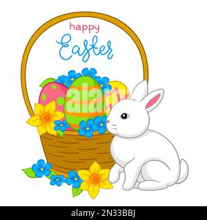 Frohe Osterzeichnung. Süßes Häschen, Eier und Blumen für traditionelle Feiern. Stock Vektor