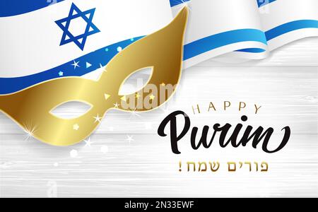 Happy Purim mit Maske und Fahne auf Holzplanke. Hebräischer Text - Happy Purim, goldene Karnevalsmaske und winkende Flagge Israels. Jüdische Feiertagsvektorkarte Stock Vektor