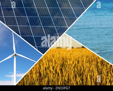 Collage mit Fotos von Wasser, Feld, Sonnenkollektoren und Windturbine. Alternative Energiequelle Stockfoto