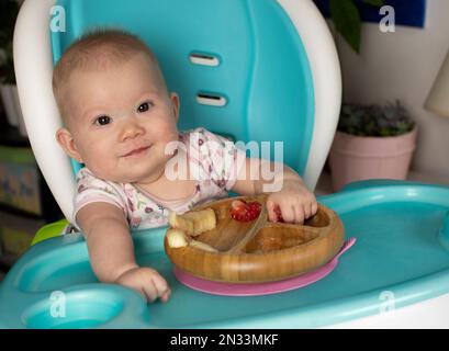 Baby isst Brokkoli. Säuglingsprothetik. Entwöhnung. Gesunde Ernährung. Kaukasisches Mädchen, das in einem Hochstuhl sitzt und ihr Mittagessen isst Stockfoto