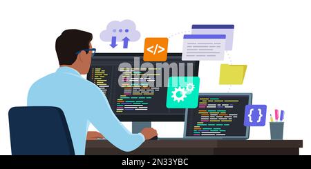 Softwareentwickler, der am Schreibtisch sitzt und mit Computern arbeitet, prüft den Code Stock Vektor