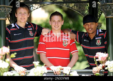 Dateifoto von 04-06-2009 von Chris Gunter (links), Joe Allen (Mitte) und Robert Earnshaw in Wales. Der Mittelfeldspieler von Wales Joe Allen hat seinen Rücktritt vom internationalen Fußball angekündigt. Ausgabedatum: Dienstag, 7. Februar 2023. Stockfoto