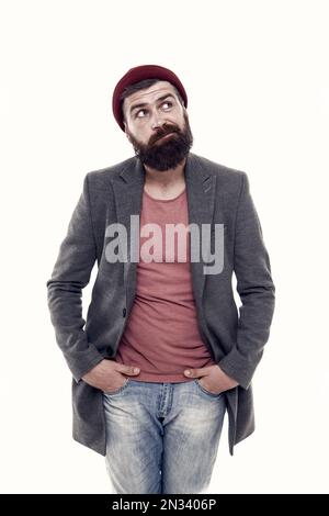 Bärtiger Hipster, brutaler Mensch. Ein Hipster. Schule der guten Manieren. Tipps und Tricks, schöner Mann. Modischer Hipster-Mann. Bärtig und gutaussehend Stockfoto