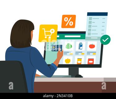 Frau, die sich mit ihrem Computer verbindet und online Lebensmitteleinkäufe macht, zahlt mit einer Kreditkarte Stock Vektor