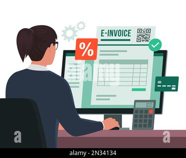 Eine professionelle Geschäftsfrau, die mit ihrem Computer arbeitet, sendet eine E-Rechnung online Stock Vektor