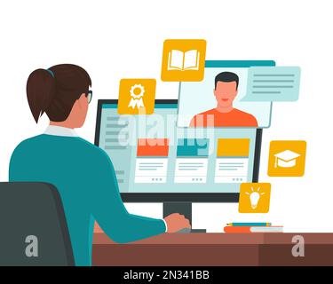 Frau, die am Schreibtisch sitzt und sich mit ihrem Computer verbindet, nimmt an Online-Kursen, E-Learning und Online-Kursen Teil Stock Vektor