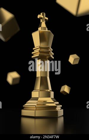 Golden Chess King auf schwarzem Hintergrund mit Würfeln - 3D-Bild-Rendering Stockfoto