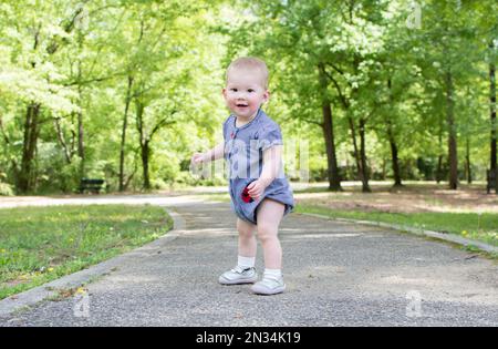 Ein Kleinkind macht die ersten Schritte im Park. Ihr Baby lernt laufen. Babyentwicklung 1-jähriges Mädchen Stockfoto