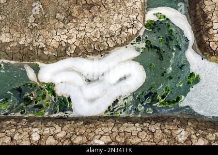 Ansicht von oben: Abwasser mit Luftblasen und Moos, das durch einen gerissenen Graben fließt. Sauerstoffblase in der Schmutzwasseraufbereitung in einem wassergefüllten Graben Stockfoto