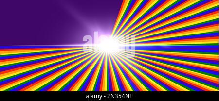 Lichtblitze in einem Regenbogen aus Farben auf violettem Hintergrund können sich auch auf Schwulenstolz und seine Gemeinschaften beziehen Stockfoto