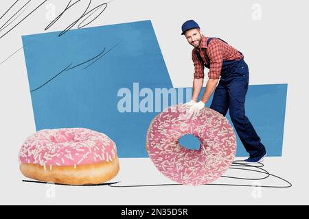 Kreatives Collagenbild eines positiven Automechanikers, der einen großen glasierten Donut anstelle eines isolierten Reifenrads auf dem Zeichnungshintergrund hält Stockfoto