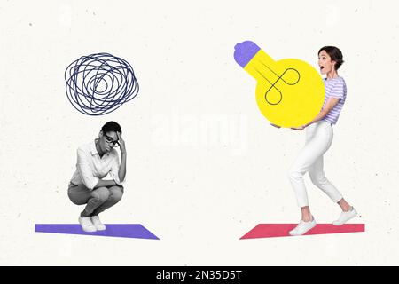 Collage minimalistisches Foto-Poster von zwei Personen, die Probleme gemeinsam lösen, isoliert auf gemaltetem Hintergrund Stockfoto