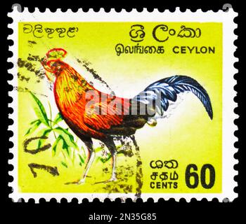 MOSKAU, RUSSLAND - 4. FEBRUAR 2023: Poststempel auf Ceylon zeigt Sri Lankan Junglefowl (Gallus lafayettii), definitive Ausgabe 1964-72 Serie, CI Stockfoto