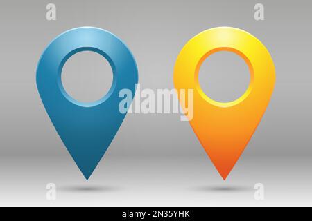 Realistische Geolokationssymbole in Gelb und Blau auf einem verlaufenden Hintergrund. Stock Vektor