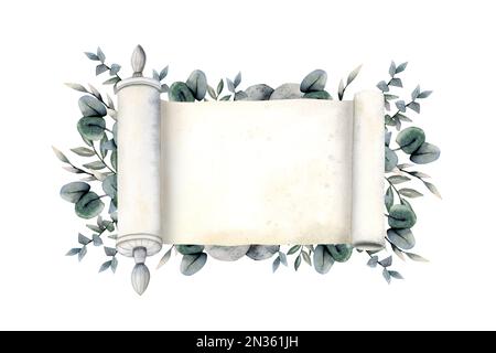 Aquarelle Torah scrollen mit Eukalyptuszweigen und Blättern mit Kopierbereich für Text. Hagadat Pesach-Illustration für die Grußkarte „Happy Passover“ Stockfoto
