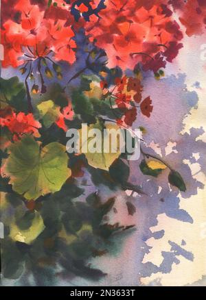 Eine Aquarellskizze mit roten Blumen wird Ihr Zuhause perfekt dekorieren. Kann zum Drucken von Postkarten, Kleidung, Accessoires, Hochzeitseinladungen, Stockfoto