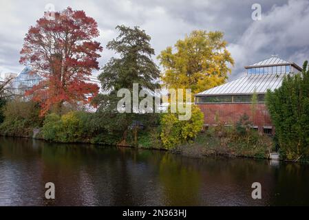 13 November 2021, Leiden, Niederlande, Fassade des Gewächshauses des Hortus botanicus in Leiden. Dies ist der älteste botanische Garten der Niederlande Stockfoto