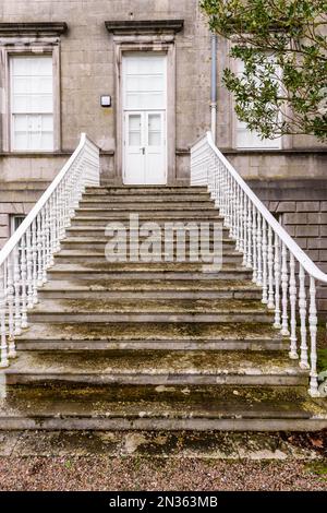 Stufen mit gusseisernen Geländern führen zu einer weißen Tür in einem alten Gebäude. Stockfoto