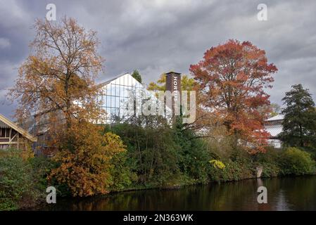 13 November 2021, Leiden, Niederlande, Fassade des Gewächshauses des Hortus botanicus in Leiden. Dies ist der älteste botanische Garten der Niederlande Stockfoto