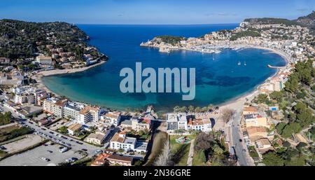 Hafen von Soller aus der Vogelperspektive, Mallorca, Balearen, Spanien Stockfoto
