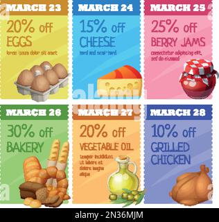 Lebensmittelbanner setzen Vektordesign. Konzept eines Werbeflyers mit Lebensmittelsymbolen Stock Vektor