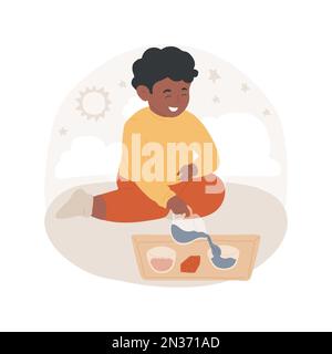 Darstellung des isolierten Cartoon-Vektors beim Trocken- und Nassgießen. Entwicklung praktischer Lebensfähigkeiten, Feinmotorik, Flüssigkeit zum Gießen von Kindern, trockenes Material, montessori-Methode-Unterricht in Vektorgrafiken. Stock Vektor