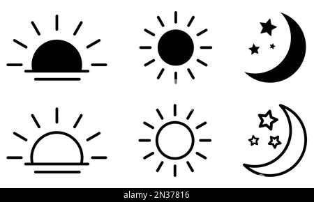 Sammlung der Symbole für die Uhrzeit des Tages. Aufgehende und untergehende Sonne, Halbmond und Sterne, Tag- und Nachtsymbole. Vektordarstellung Stock Vektor