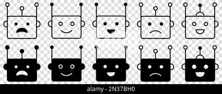 Ein Satz niedlicher Roboter-Symbole mit Chatbot-Gesicht. Design kann für Web- und mobile Apps verwendet werden. Vektordarstellung auf transparentem Hintergrund isoliert Stock Vektor