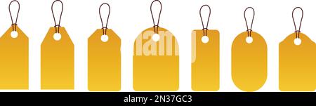 Set von Verkaufsetiketten und -Etiketten. Preisschild. Gruppe von hängenden gelben Verkaufskennzeichen. Entnahme von Papieretiketten. Sonderangebot. Symbol für leer, Rabatt und Preis Stock Vektor